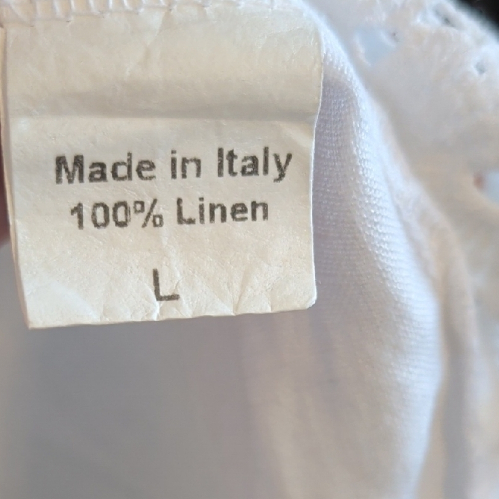 Made In Italy White Linen Blouse Crochet Trim Hi Lo Hem Cottagecore Peasant - Picture 5 of 9